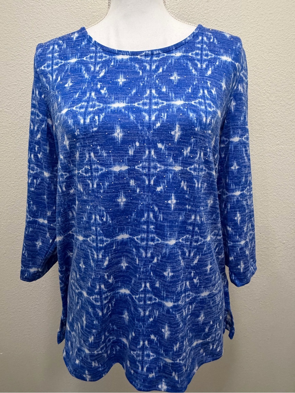 Croft & Barrow blue and white blouse with rhinestone embellishments, medium